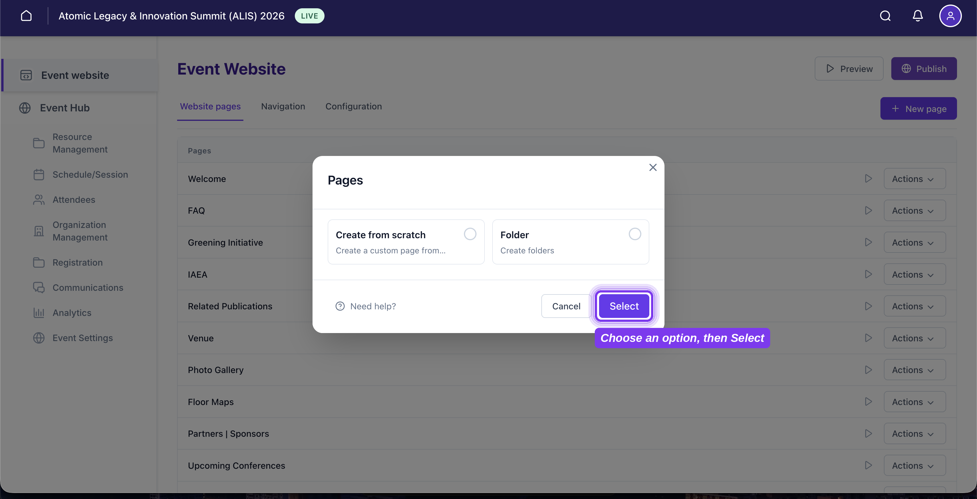 The Pages dialog with Create from scratch and Folder options and a Select button.